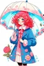 Placeholder: kind sailor, red curly hair, long jacket, pink-azure clothes, pink-azure cocked hat, white floral pattern on the jacket, flower in the hair. Pink and blue umbrella.