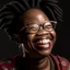 Placeholder: photography of a 34 years old african woman Lina,Lina wear eyeglass,very big lips,laughing