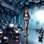 Placeholder: make a picture pretty stage made of metallic blue-gray teme 3d fractal recursive cubic and sphere base structures and a beautiful fashion model lady posing with cute,with NYC Style clothing,siver high heels ,makeup curvy long hair,dynamic camera zoom to full body and pan, dynamic lights.