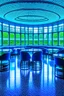 Placeholder: A restaurant whose outer walls are oval in shape, the color of the inside is blue, and its floor is light with a bar table in the middle of the restaurant in the shape of an oval containing 30 chairs and the walls are made of glass