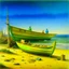 Placeholder: A man, beach, a green and blue boat, some pieces of wood, summer, creepy, odd, Yves Tanguy