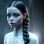 Placeholder: Celebrity Jenna ortega, black make up, black dress, wednesday hair, addams family wednesday style, hyper detail, octane render, unreal engine 5, photorealistic, 8k resulation