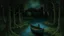 Placeholder: *Midnight by a black pond surrounded by weeping willows. At the center, a tiny island with a single bald cypress. An oarless rowboat drifts. No moon, but blue fireflies light everything. Early Flemish painting style (Jan van Eyck, but only blues and greens).*