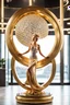 Placeholder: A magnificent golden and silver heart-shaped sign adorned with a stunning golden sphere encrusted with sparkling diamond clusters at its center, elegantly spinning in position,a girl golden statue in standing pose