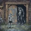 Placeholder: fantasy digital art of young female anthro wolf in gray hairy wolf body and wears just a short canvas rag around her waist , sadly crying face stands in the rain front the door, behind her an tall anthro dark hairy wolf man standing behind in rustic halb open door in an massive wooden house, deep colors, rainy day, detailed, anthropomorphic creatures, fantasy, sci-fi mood