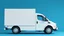 Placeholder: side profile of a white generic medium commercial truck with cube box, blue background, pixxar