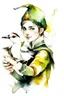 Placeholder: Watercolor black and white elf holding a duck