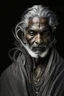 Placeholder: a photo of an Hindu man with ethnic jewelry, grey hair and grey flowing robe, in style of Annie Leibovitz, contemporary portrait of a mature yet beautiful and modernist man, black and grey, detailed masculine face, swirling fluid smokey enigma, award-winning artwork