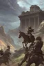 Placeholder: Three wild barbarians, on horseback, stand against the background of a destroyed pagan temple. 1st-8th century AD. Stern men with swords and bows in animal skins, bare-chested and without armor and without helmets. in summer. Shields and spears are in their hands. Ancient cities are burning behind. Everything is in high-quality rendering. A lot of air. 8K