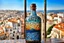 Placeholder: bottle art, ((stepwise colours mosaic texture)) on tall glass bottle painted, stunning , high detailed, sharp focus, in background a mediterrane landscape, old city, photorealistic Professional photography, bokeh, natural lighting, canon lens, shot on dslr 64 megapixels sharp focus