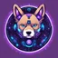 Placeholder: Simple draw of a circular logo of a Shiba Inu cartoon puppy with cybernetic modifications, purple fur, a blue LED on its forehead and electronic circuits around it. He has the muscular human body of Arnold Schwarzenegger with a winning attitude.