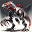 Placeholder: The drawing depicts a cyborg dinosaur with enormous length and a strong body. It is characterized by a silver textured and shiny body, and the body looks as if it is made of a single piece of metal. The dinosaur wears black and red virtual reality glasses, and rays come out of them