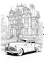 Placeholder: outline art for an adults coloring page, Packard Clipper Outside a Victorian Mansion, white background, sketch style,no color , only use outline, clean art , white background, no shadows , no shades , clear well outlined, easy to color