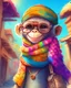 Placeholder: Cute and little monkey traveling in the village, with smile, wearing colorful scarf, sunglasses, fantasy, creative art