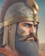 Placeholder: Mesopotamian warrior, expression serious, aura, portrait, background Mesopotamian city, comic style, long beard, helmet,