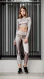 Placeholder: satin leggins, lycra leggins, satin top, lycra top, short wavy bob haircut, 13 year old girl, fashion pose, lens 80 mm, dof