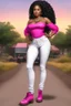 Placeholder: Create a digital airbrush cartoon of a curvy African American female wearing tight white jeans and a off the shoulder hot pink blouse. She is also wearing timberland boots. Prominent make up with hazel eyes. Highly detailed very long extremely braids of black hair. Her skin is smooth and silky. Background of a track of ATV riders.