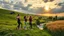 Placeholder: a group of young ladies in sports pants and blouse are dancing to camera in village over high grassy hills,a small fall and river and wild flowers at river sides, trees houses ,next to Ripe wheat ready for harvest farm,windmill ,cloudy sun set sky