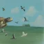 Placeholder: turtle and sky with a flock of birds