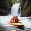 Placeholder: phone camera found footage screen capture, static filled low resolution image, low picture quality, blurry kinetic grainy photograph from the perspective of the riverbank of three happy babies wearing life preserver jackets alone in a kayak flying down river toward a waterfall in furious rapids, motion blur, low contrast, high film grain