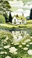Placeholder: A house made out of white fathers designed in a field of white wild flowers paintings painted by Paul Ranson , Busch painting style, all white, by the lake, fine line draw style