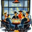 Placeholder: spanish illustrator, orage to blue, group of ownls playing poker in 1945, wisky bottles , bar iterior, dollars on the table, rendering, cinematic, A WINDOW OUTSIDE IS RAINING AND NIGHT