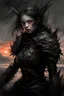 Placeholder: A formidable warrior girl in black armor, against monster, against the background of an amazing gloomy landscape flooded with sunset, mountains, trees, a fabulous scary hero, juicy emotions, painting, gloomy fantasy, gloomy day, dark world, portrait, oil and graphite, wide strokes, a weaving frame around, by Ryohei Hase, Agnes Cecile, Raymond Swanland, Anne Bachelier