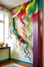 Placeholder: Create a hand-painted wall mural into a streamer-filled celebration with hand-painted streamers in a joyful rainbow of colors. Arrange them dynamically to create a sense of movement and excitement."