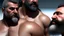 Placeholder: close up photo, chubby muscular burly sweaty turkish man looking down, masculine hairy 59 year old man, with other two male hands touching the chest , dreadlocks, long beard, manly shoulders, ambient occlusion , , super high resolution, 8k, cinematic light, ultra hyper realistic, view from the bottom