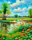 Placeholder: Green wetlands with fiery orange lilies painted by Alfred Sisley