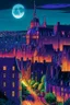 Placeholder: Illustration of Edinburgh, vivid colors, details, realistic, by night