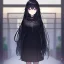 Placeholder: Clear focus,High resolution, Black long fluffy hair, long bangs, and purple eyes, Depressed girl