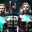 Placeholder: Ultra Realistic retro sci-fi movie Supermarket parking people scene, 1960 year, waist up view portrait, 2 clones blonde women, sweet scarlet Johansson face, perfect iris, glow eyes, face makeup, tight latex coat. many people looking, Retro sci-fi style, soft color, highly detailed, unreal engine 5, ray tracing, RTX, lumen lighting, ultra detail, volumetric lighting, 3d, finely drawn, high definition, high resolution.