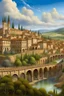 Placeholder: Highly detailed architectural painting of the city of Segovia, Spain, set in roman times. We can observe the aqueduct being built, and roman style houses and fortifications on the top of the hill. Farmland is visible at the hill foots. The view should be consistent with the current real-time location of the city.