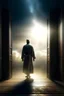 Placeholder: The Imam of people walks as as shadow of light , and his clothes are like the Prophet Muhammad, With a scarf , He walks backwards and looks to the sky with cloud and star , and he walk on sky and cloud, then walk to big wood door , and open it, the flooring is sky and cloud only , with effect of oil painting and Cinematic lighting