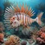 Placeholder: Lionfish swimming in a coral reef, in anachronism art style, background reef