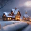 Placeholder: quaint fantasy medieval farming village in winter night with wooden buildings grasslands plains and no light