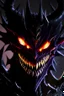 Placeholder: a close up of a demonic creature with glowing eyes, face of an armored villian, discord pfp, venomfang, discord profile picture, evil smile, detailed smiled face, large black smile, smooth anime cg art, wide evil grin, evil smile and glowing eyes, dark phantasy, evil knight, overlord season 4, sharp black armor, carnage fangs