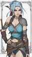 Placeholder: Yasuo , bits of color, Sketch book, hand drawn, dark, gritty, realistic sketch, Rough sketch, mix of bold dark lines and loose lines, bold lines, on paper, turnaround character sheet, female half elf, Full body, arcane symbols, runes, dark theme, flowing partially braided pale blue hair, beautiful, handsome, padded leather clothing embroidered with runes, modest, leather rune embroidered boots