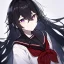 Placeholder: Clear focus, High resolution, rough line sketch art, long black hair, hair between eyes, fluffy hair, purple eyes, wearing a black and red sailor uniform, dark aura, 1girl