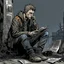 Placeholder: man, ethan hawk, sitting, comic book, post-apocalypse, grey background, illustration,