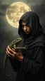 Placeholder: Hieronymus Bosch style , a hooded woman holding a lizard looking at you In foggy smoky full moon cloudy background