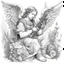 Placeholder: renaissance style angel, sitting in a garden, inspecting an ak 47 gun, pencil sketch, beautiful