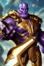 Placeholder: Thanos, the commander of the army of aliens and the king of the entire galaxy, is ready to go on a campaign with his two large swords, his very beautiful and impenetrable armor with his golden helmet, standing on top of a hill with his sword with infinity gauntlet