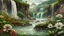 Placeholder: fotorealistic landscape of an exotic place with waterfalls and flowers