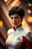 Placeholder: Medium shot portrait fascinating beautiful actress "Tamar Kaprelian", age 22, short dark brown hairstyle irredscent light brown color, wearing white and red color in glossy tight Star Trek Voyager uniform, bokeh, dynamic lighting, sophisticed mood, intricate expressions and feelings, filmic, superb shot, sci-fi scene, realistic photography