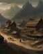 Placeholder: A dark brown old Western town near the mountains painted by Zhang Lu