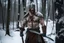 Placeholder: A strong man standing in cold windy snowy forest, shirtless, body scars, bloody, bear paws scars on chest, wearing a knight helmet face covered, carrying an axe