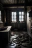 Placeholder: inside a old norse house full of worms and water leaking from windows