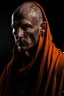 Placeholder: nordic monk with face tattoo, scar on left side of face and orange robes